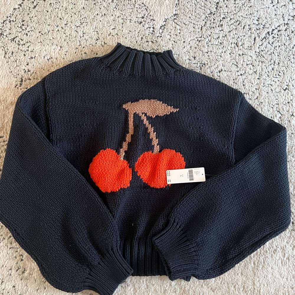 Anthropologie Navy Sweater with Red Cherry Design